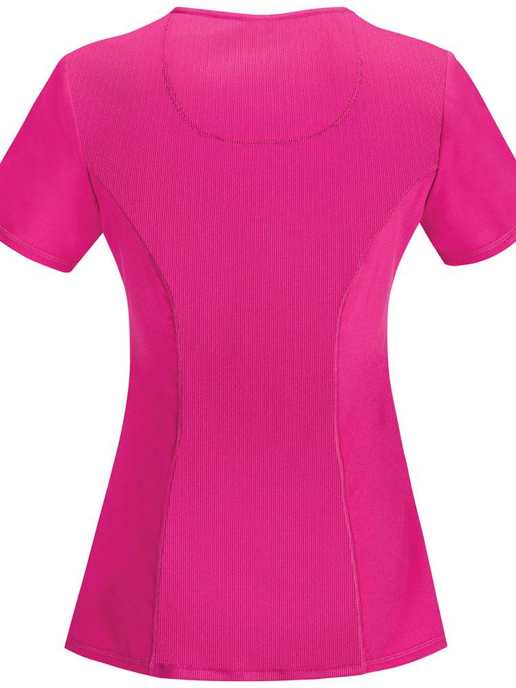 An image of the back of the Cherokee Infinity Women's Antimicrobial Mock Wrap Top in Carmine Pink size XL featuring stretch fabric.