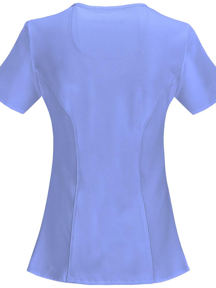 An image of the back of the Cherokee Infinity Women's Antimicrobial Mock Wrap Top in Ceil size Medium featuring availability in plus sizes.