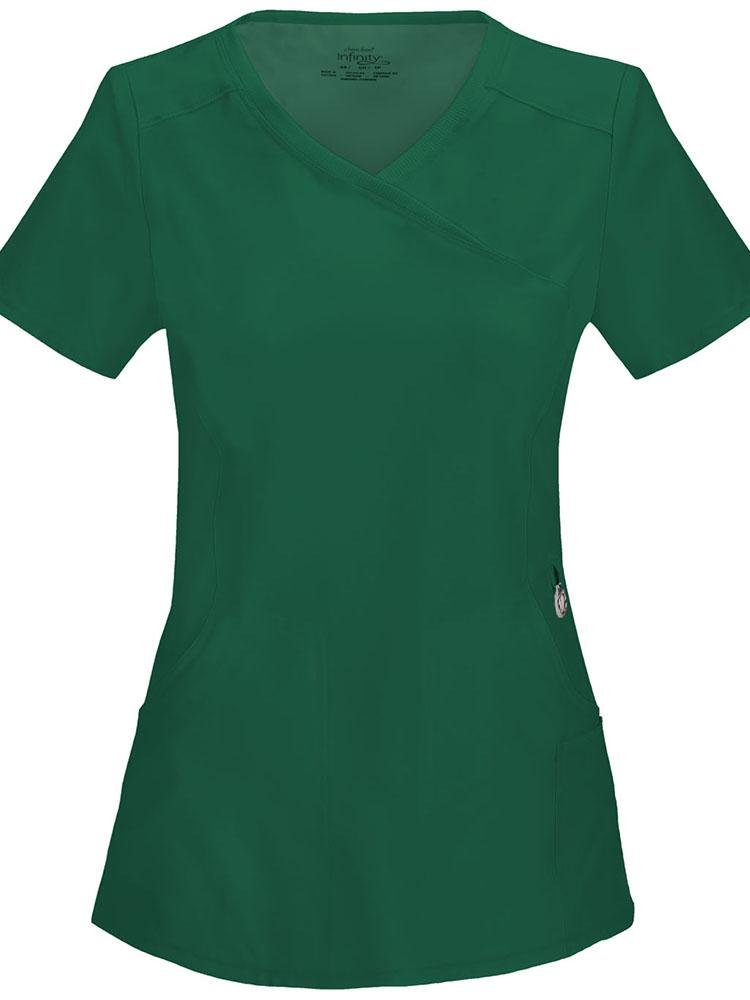 A frontward facing image of the Cherokee Infinity Women's Antimicrobial Mock Wrap Top in hunter size XL featuring a Contemporary fit with two set-in front pockets.