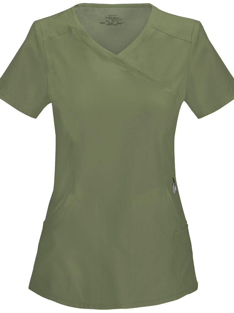 A frontward facing image of the Cherokee Infinity Women's Antimicrobial Mock Wrap Top in olive size medium featuring front and back princess seams for a fitted look.