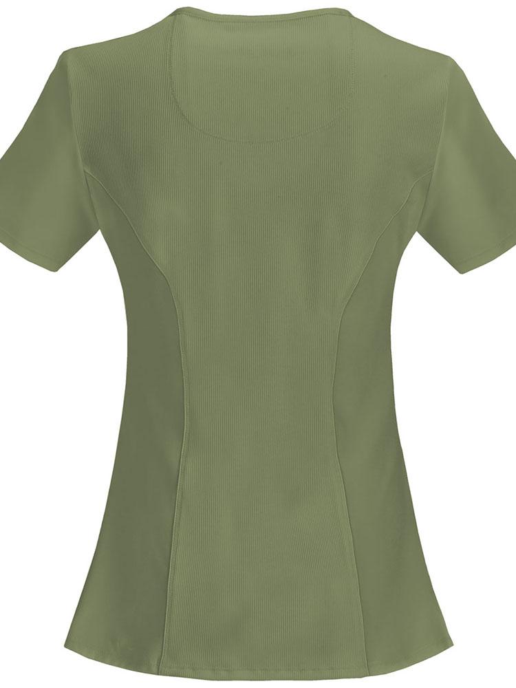 An image of the back of a Cherokee Infinity Women's Antimicrobial Mock Wrap Top in Olive size XS featuring princess seaming throughout the back.