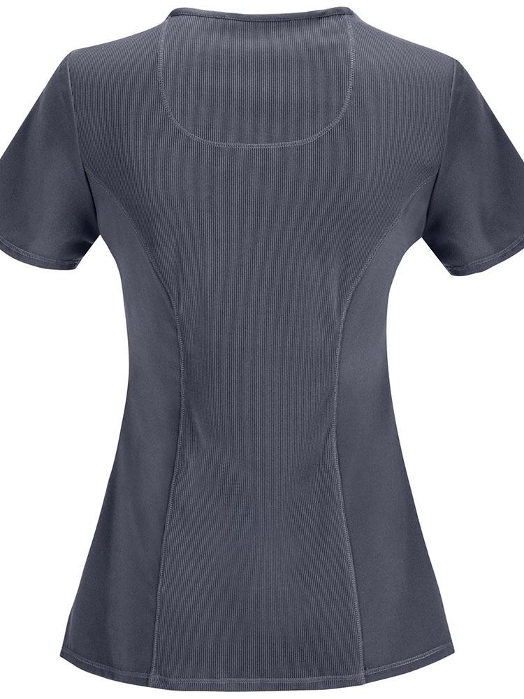 An image of the back of a Cherokee Infinity Women's Antimicrobial Mock Wrap Top in Pewter size Medium featuring a center back length of 26".