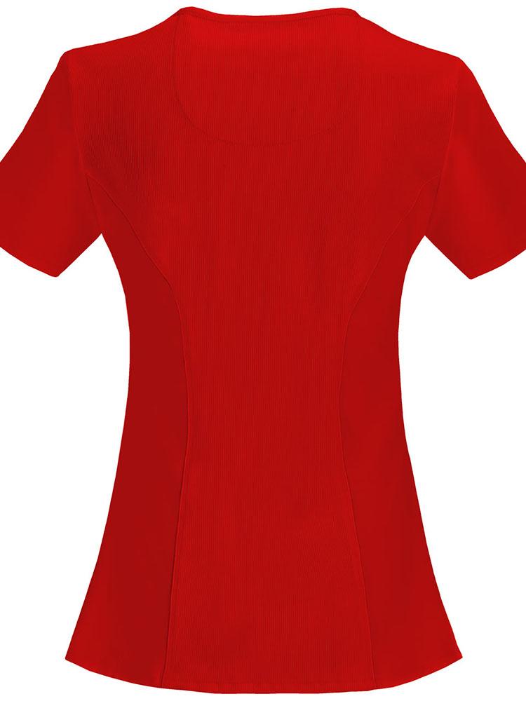 An image of the back of a Cherokee Infinity Women's Antimicrobial Mock Wrap Top in Red size XL featuring side vents to ensure a cool & comfortable fit.