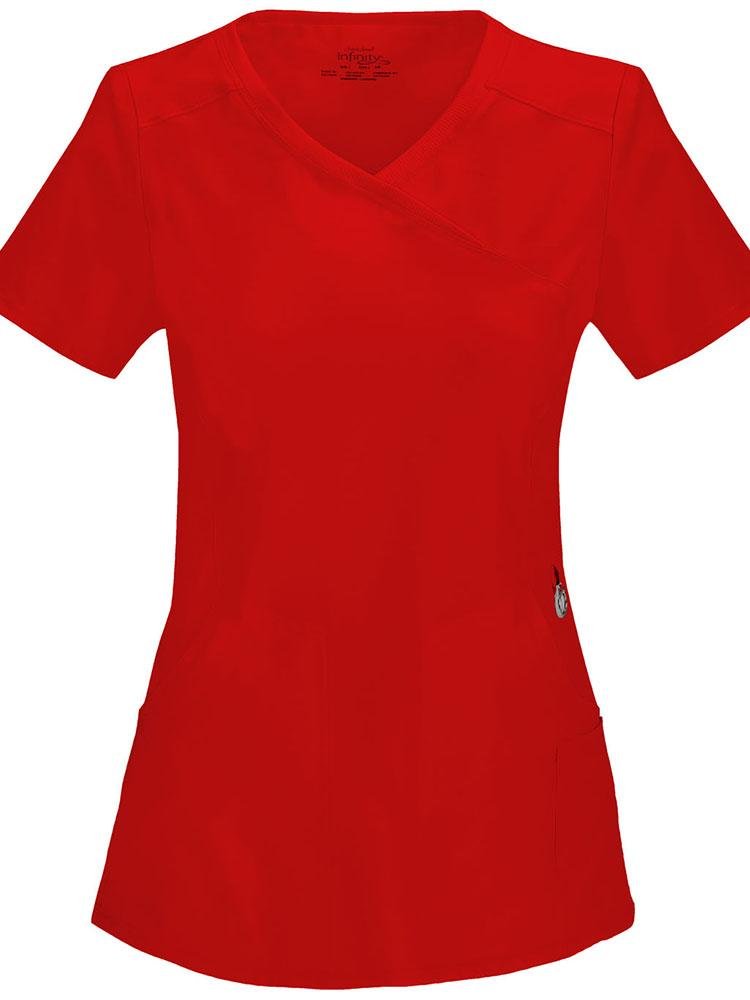 A frontward facing image of the Cherokee Infinity Women's Antimicrobial Mock Wrap Top in red size 5XL featuring antimicrobial fabric with spandex for stretch.