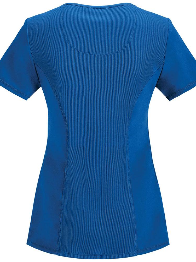 An image of the back of a Cherokee Infinity Women's Antimicrobial Mock Wrap Top in Royal size XS featuring princess seams throughout the back.