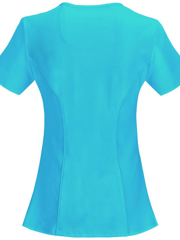 An image of the back of the Cherokee Infinity Women's Antimicrobial Mock Wrap Top in Turquoise size medium featuring a stretch rib knit center back panel.