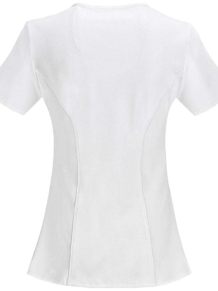An image of the back of the Cherokee Infinity Women's Antimicrobial Mock Wrap Top in white size 5XL featuring back princess seams.