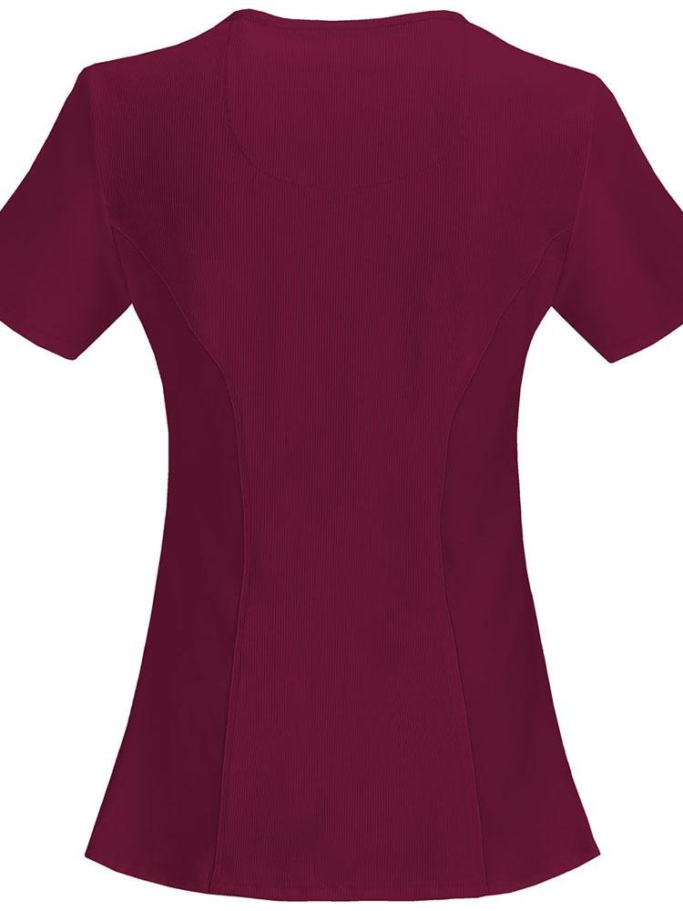 AN image of the back of the Cherokee Infinity Women's Antimicrobial Mock Wrap Top in Wine in size 2XL featuring a comfortable stretch poplin fabric.