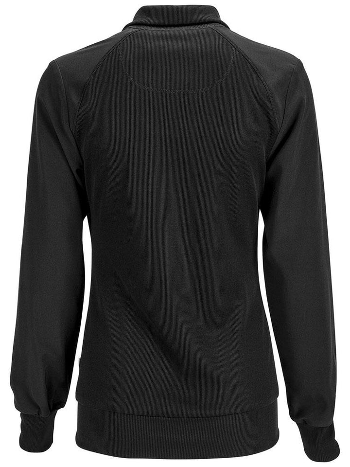 An image of the back of the of a Cherokee Infinity Women's Antimicrobial Warm Up Jacket in Black size large featuring front & back shoulder yokes.