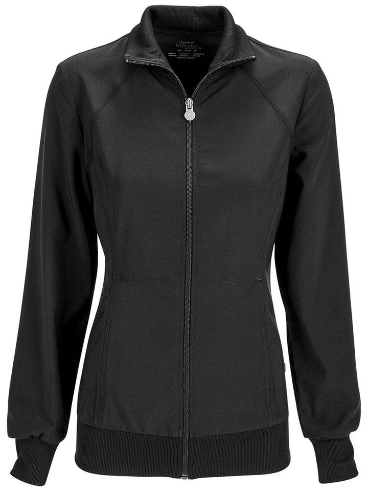 A frontward facing image of the Cherokee Infinity Women's Antimicrobial Warm Up Jacket in Black featuring 2 front hidden pockets with zip closure.