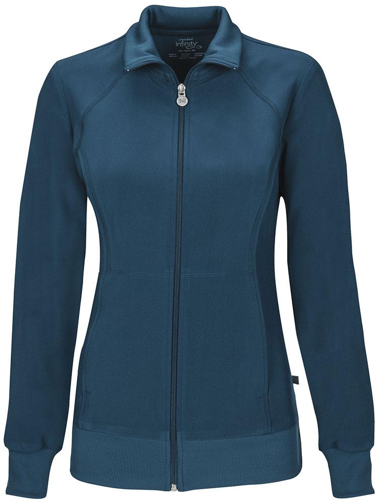 A frontward facing image of the Cherokee Infinity Women's Antimicrobial Warm Up Jacket in Caribbean size Small featuring 2 front hidden pockets with zip closure.