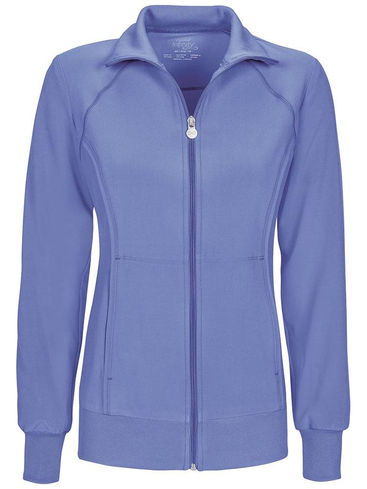 A frontward facing image of the Cherokee Infinity Women's Antimicrobial Warm Up Jacket in Ceil size 2XL featuring 2 front hidden pockets with zip closure.