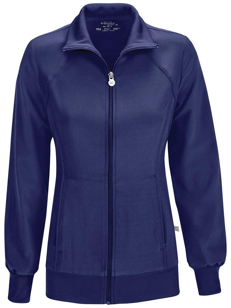 A frontward facing image of the Cherokee Infinity Women's Antimicrobial Warm Up Jacket in Navy size Large featuring 2 front hidden pockets with zip closure.