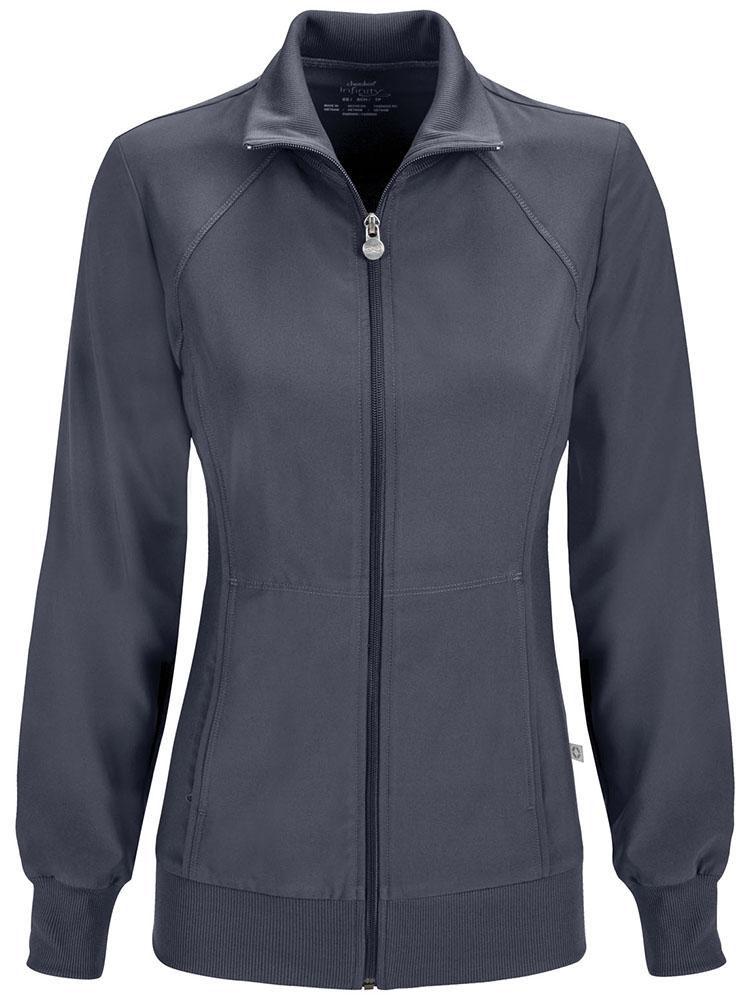 A frontward facing image of the Cherokee Infinity Women's Antimicrobial Warm Up Jacket in Pewter size Medium featuring 2 front hidden pockets with zip closure.