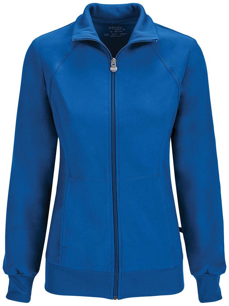 A frontward facing image of the Cherokee Infinity Women's Antimicrobial Warm Up Jacket in Royal size Medium featuring 2 front hidden pockets with zip closure.