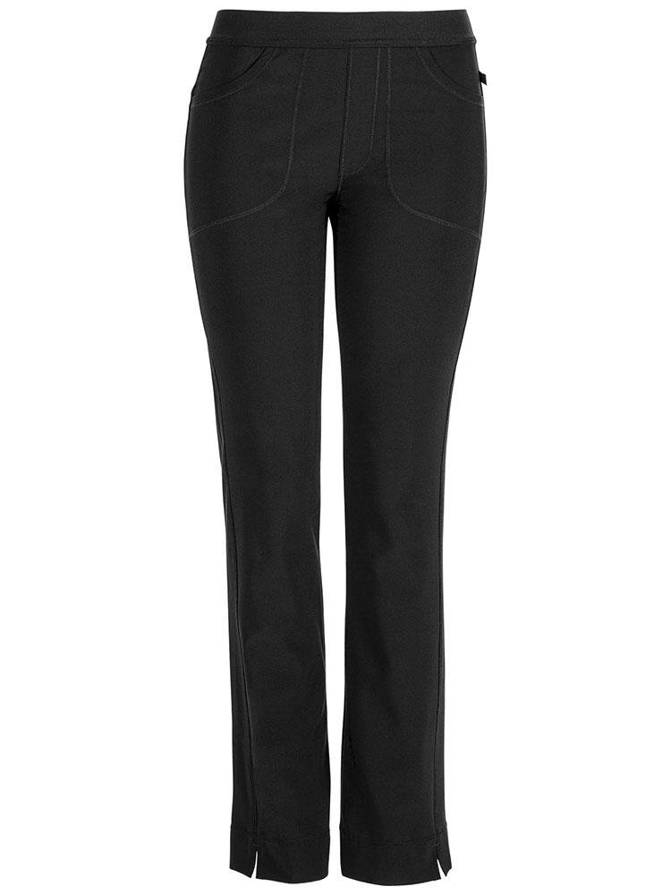 A frontward facing image of the Cherokee Infinity Women's Low-Rise Slim Pull On Scrub Pant in Black size Large Tall featuring 2 front curved pockets and a mock fly.