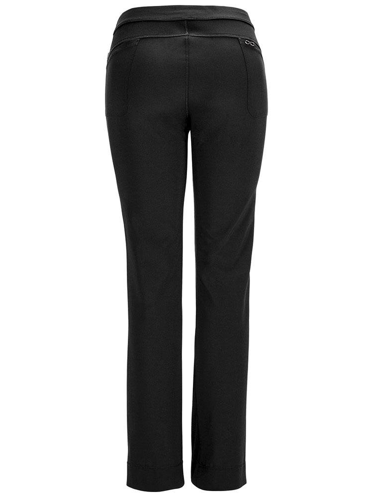 An image of the back of the Cherokee Infinity Women's Low-Rise Slim Pull on Scrub Pant in Black size 2XL featuring 2 back patch pockets & cover-stitch detail throughout.
