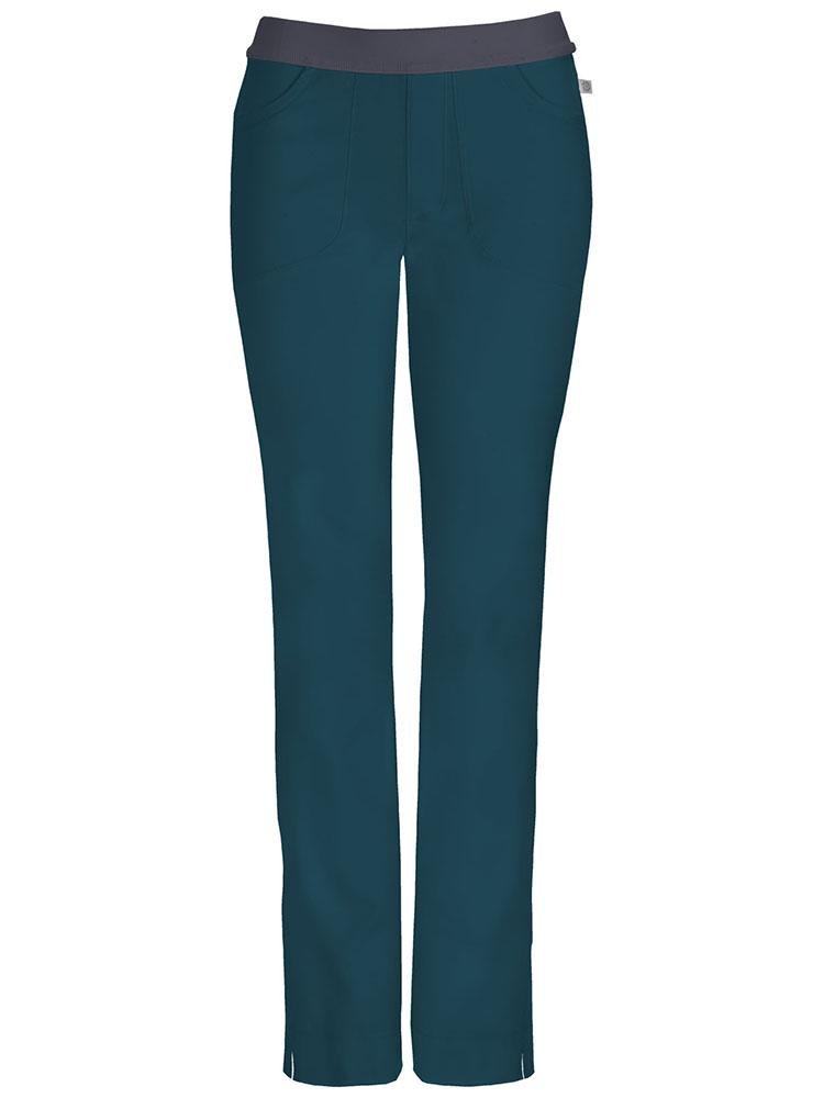 A frontward facing image of the Cherokee Infinity Women's Low-Rise Slim Pull On Scrub Pant in Caribbean size Large Tall featuring Certainty Antimicrobial Technology that reduces the growth of unwanted bacteria while diminishing odors and stains.