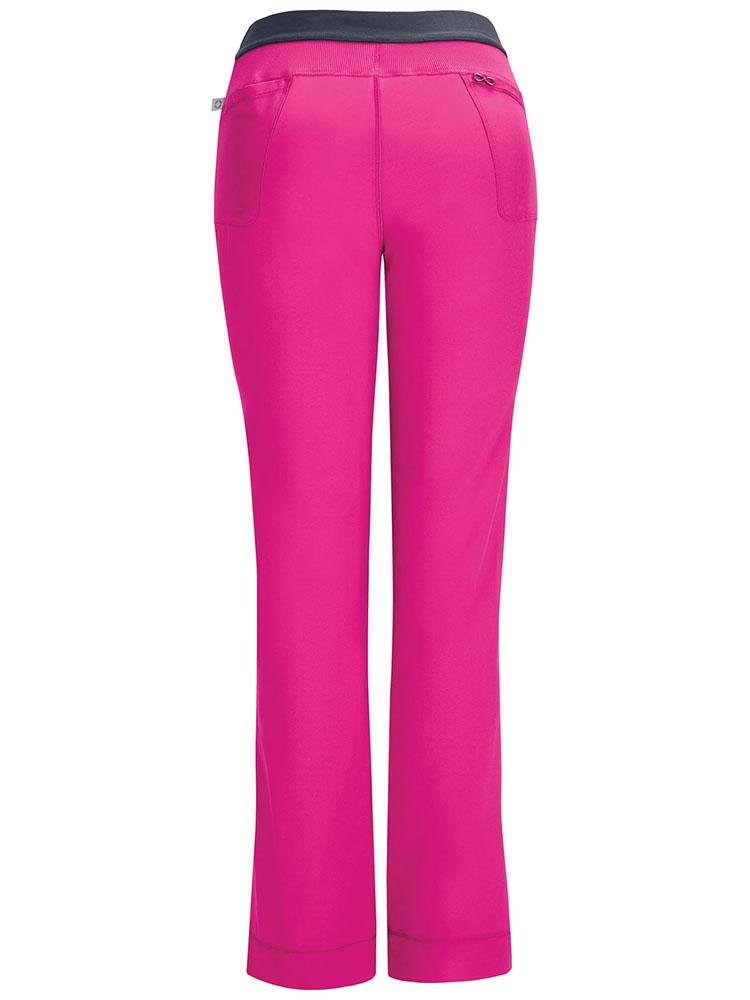 An image of the back of the Cherokee Infinity Women's Low-Rise Slim Pull On Scrub Pant in Carmine Pink featuring 2 back pockets & cover-stitch detail throughout.