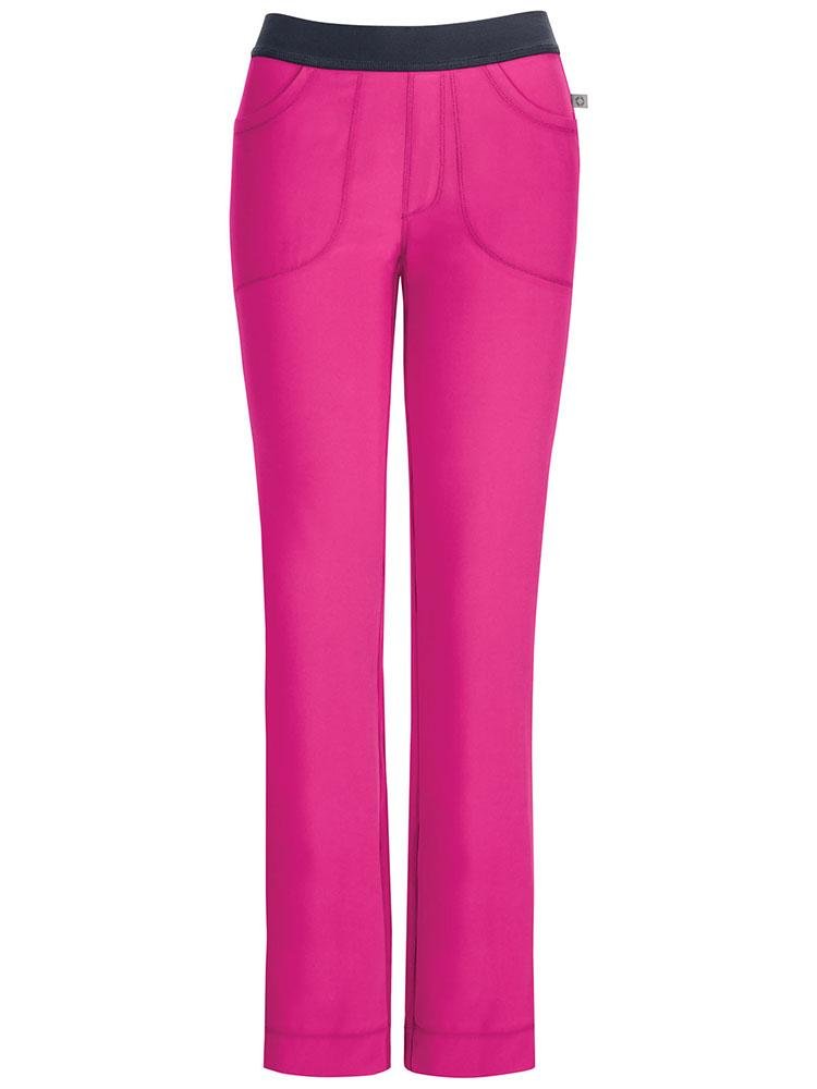 A frontward facing image of the Cherokee Infinity Women's Low-Rise Slim Pull On Scrub Pant in Carmine Pink size 2XL featuring an elastic waistband & 2 front curved pockets.