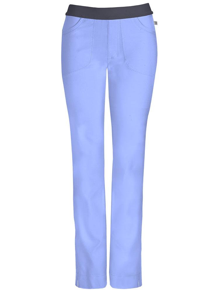 A frontward facing image of the Cherokee Infinity Women's Low-Rise Slim Pull On Scrub Pant in Ceil size Small Petite featuring Certainty Antimicrobial Technology that reduces the growth of unwanted bacteria while diminishing odors and stains.