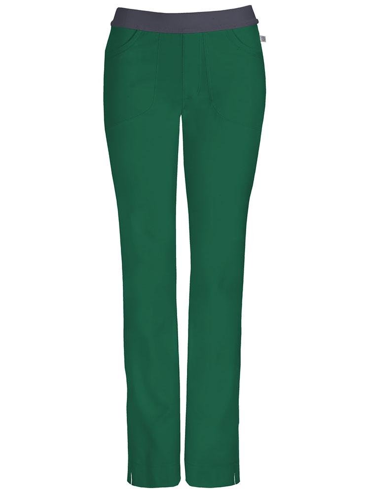 A frontward facing image of the Cherokee Infinity Women's Low-Rise Slim Pull On Scrub Pant in Hunter size Extra-Large Tall featuring Certainty Antimicrobial Technology that reduces the growth of unwanted bacteria while diminishing odors and stains.