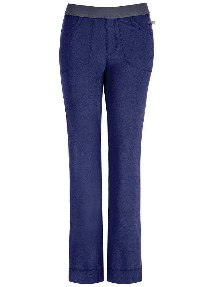 A frontward facing image of the Cherokee Infinity Women's Low-Rise Slim Pull On Scrub Pant in Navy size Medium featuring easy care moisture wicking fabric.
