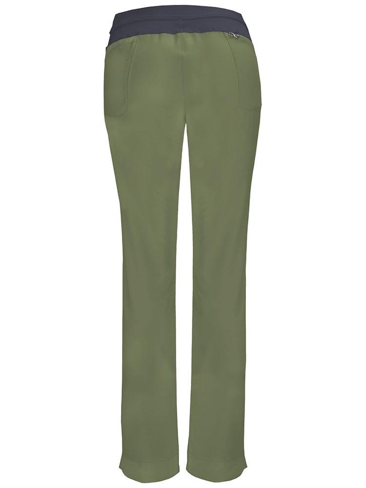 An image of the back of the Cherokee Infinity Women's Low-Rise Slim Pull on Scrub Pant in Olive size Small Petite featuring 2 back patch pockets & cover-stitch detail throughout.