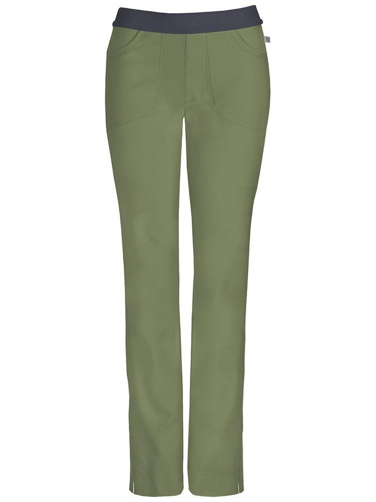 A frontward facing image of the Cherokee Infinity Women's Low-Rise Slim Pull On Scrub Pant in Olive size Large Tall featuring 2 front curved pockets and a mock fly.