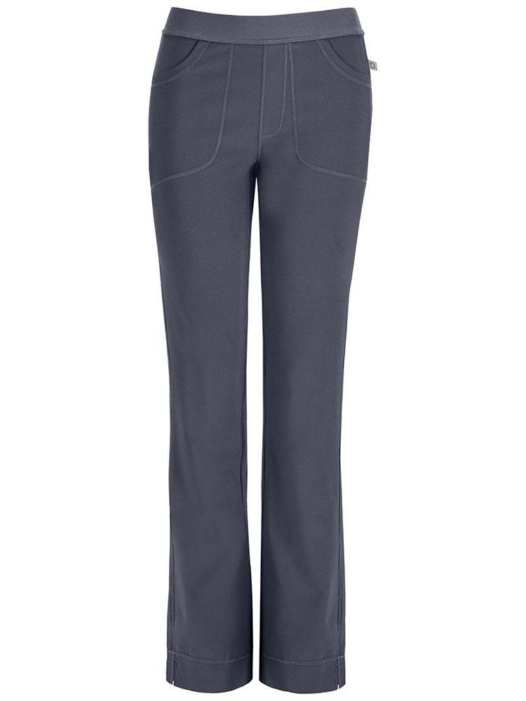 A frontward facing image of the Cherokee Infinity Women's Low-Rise Slim Pull On Scrub Pant in Pewter size Large Petite featuring Certainty Antimicrobial Technology that reduces the growth of unwanted bacteria while diminishing odors and stains.