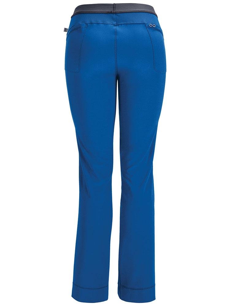 An image of the back of the Cherokee Infinity Women's Low-Rise Slim Pull on Scrub Pant in Royal size Small featuring 2 back patch pockets & cover-stitch detail throughout.