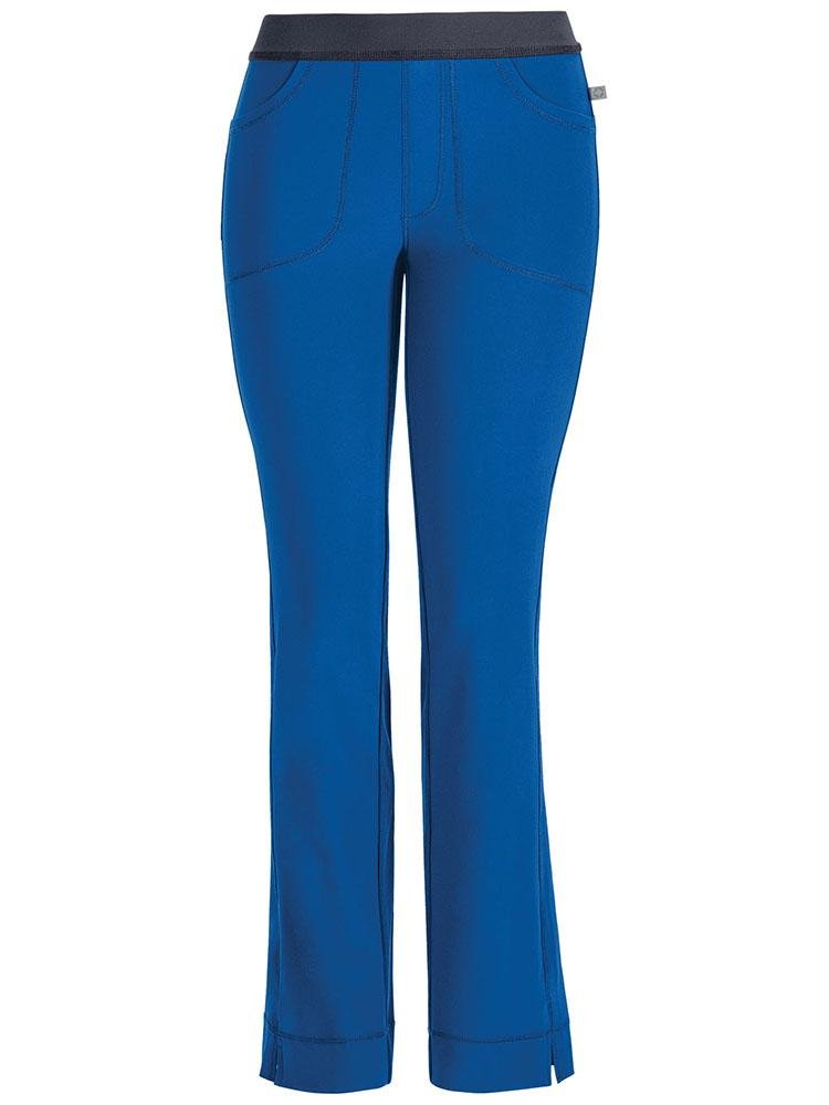 A frontward facing image of the Cherokee Infinity Women's Low-Rise Slim Pull On Scrub Pant in Royal size 2XL featuring Certainty Antimicrobial Technology that reduces the growth of unwanted bacteria while diminishing odors and stains.