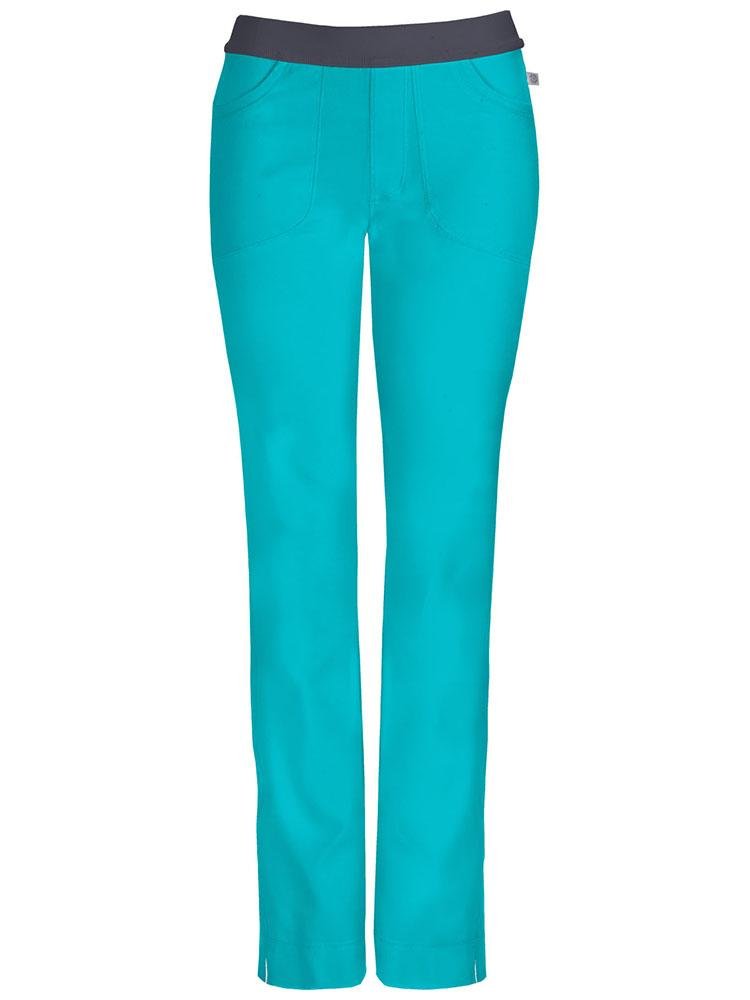 A frontward facing image of the Cherokee Infinity Women's Low-Rise Slim Pull On Scrub Pant in Teal size 2XL featuring 2 front curved pockets and a mock fly.