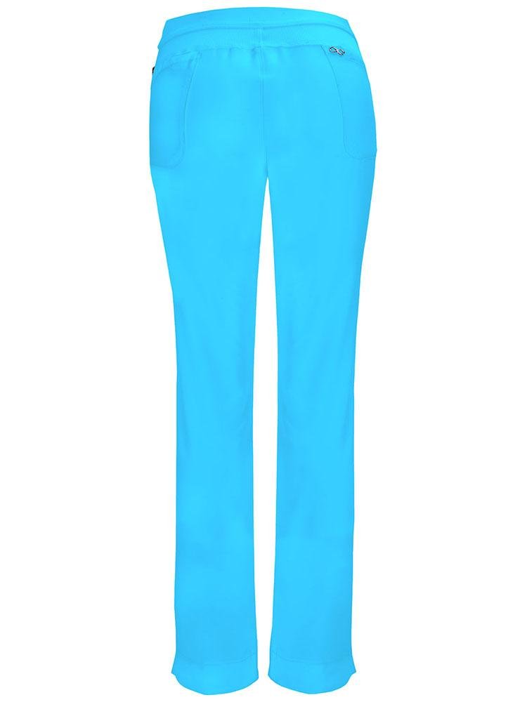 An image of the back of the Cherokee Infinity Women's Low-Rise Slim Pull on Scrub Pant in Turquoise size 2XL featuring 2 back patch pockets & cover-stitch detail throughout.