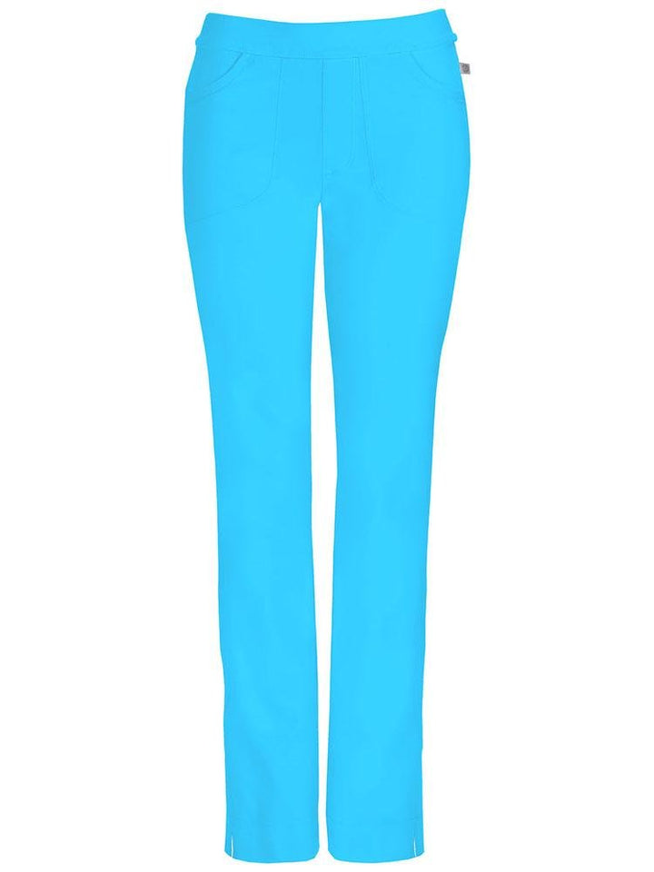 A frontward facing image of the Cherokee Infinity Women's Low-Rise Slim Pull On Scrub Pant in Turquoise size Large Petite featuring 2 front curved pockets and a mock fly.