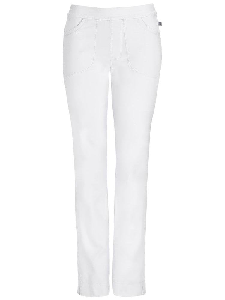 A frontward facing image of the Cherokee Infinity Women's Low-Rise Slim Pull On Scrub Pant in White size Small Petite featuring easy care moisture wicking fabric.