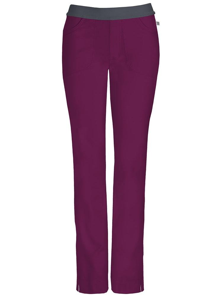 A frontward facing image of the Cherokee Infinity Women's Low-Rise Slim Pull On Scrub Pant in Wine size Medium Tall featuring Certainty Antimicrobial Technology that reduces the growth of unwanted bacteria while diminishing odors and stains.
