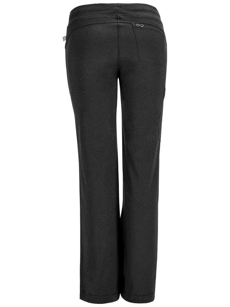 Back view of Cherokee Infinity Women's Low-Rise Straight Leg Scrub Pant in Black featuring a back patch pocket on the wearer's right side.