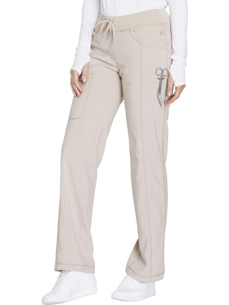 Cherokee Infinity Women's Low-Rise Straight Leg Scrub Pant in khaki featuring an elastic knit waistband & drawstring