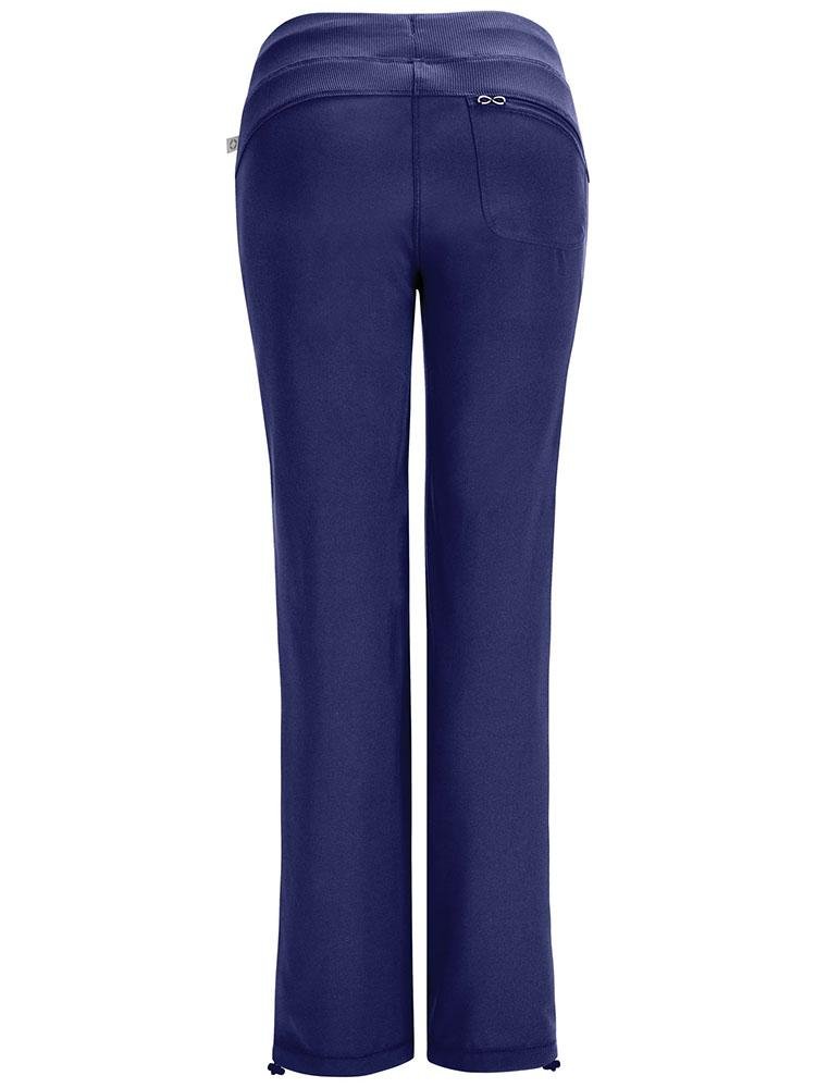 Backward facing image of the Cherokee Infinity Women's Low-Rise Straight Leg Scrub Pant in Navy featuring coverstitch detail throughout.