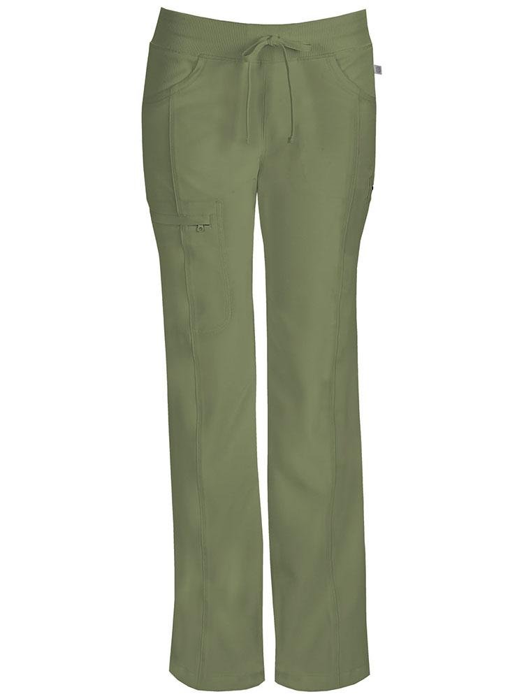 Cherokee Infinity Women's Low-Rise Straight Leg Scrub Pant in Olive featuring rib knit front & back yokes.
