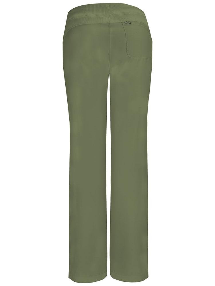 A backward facing image of the Cherokee Infinity Women's Low-Rise Straight Leg Scrub Pant in Olive size small featuring a single back patch pocket on the right side.