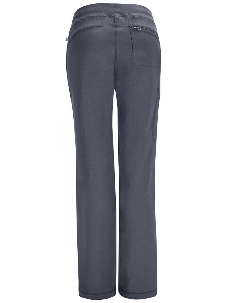 A backward facing image of the Cherokee Infinity Women's Low-Rise Straight Leg Scrub Pant in Pewter size XL featuring a ssingle back patch pocket.