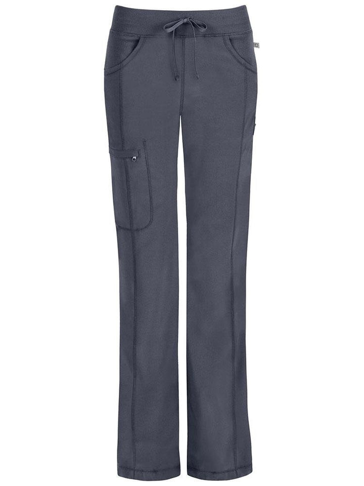 A frontward facing image of the Cherokee Infinity Women's Low-Rise Straight Leg Scrub Pant in pewter featuring a bungee cord with a toggle at the leg hems.