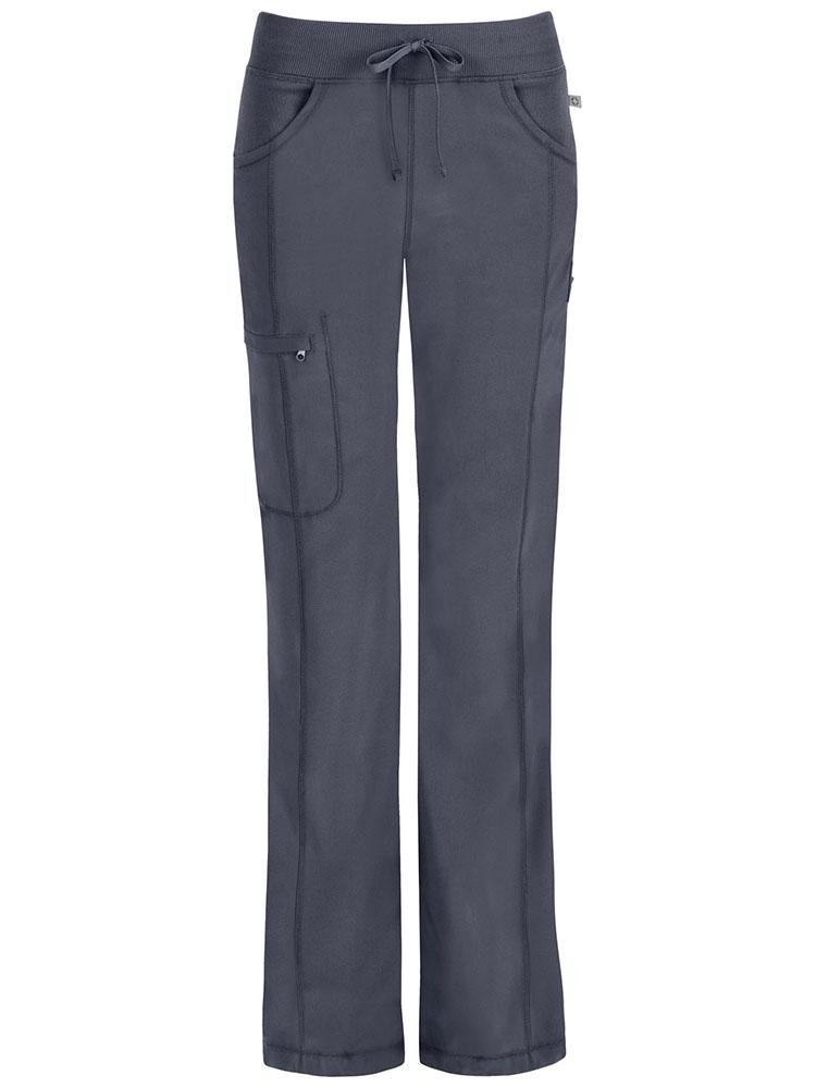 A frontward facing image of the Cherokee Infinity Women's Low-Rise Straight Leg Scrub Pant in pewter featuring a bungee cord with a toggle at the leg hems.