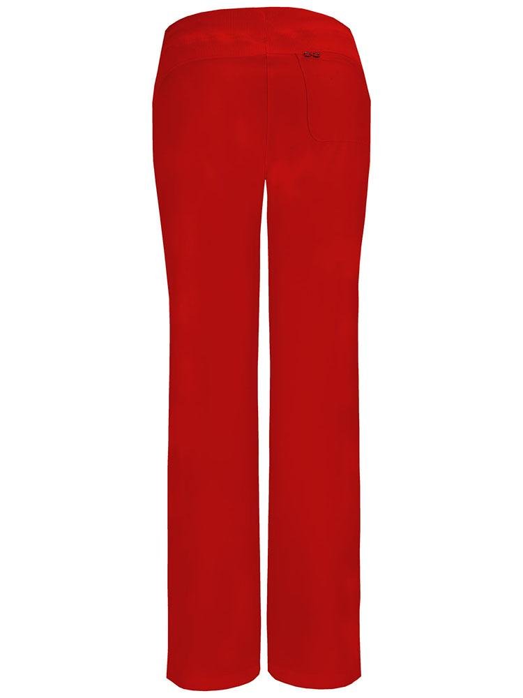 A backward facing image of the Cherokee Infinity Women's Low-Rise Straight Leg Scrub Pant in Red size Medium featuring a single back patch pocket on the right side.