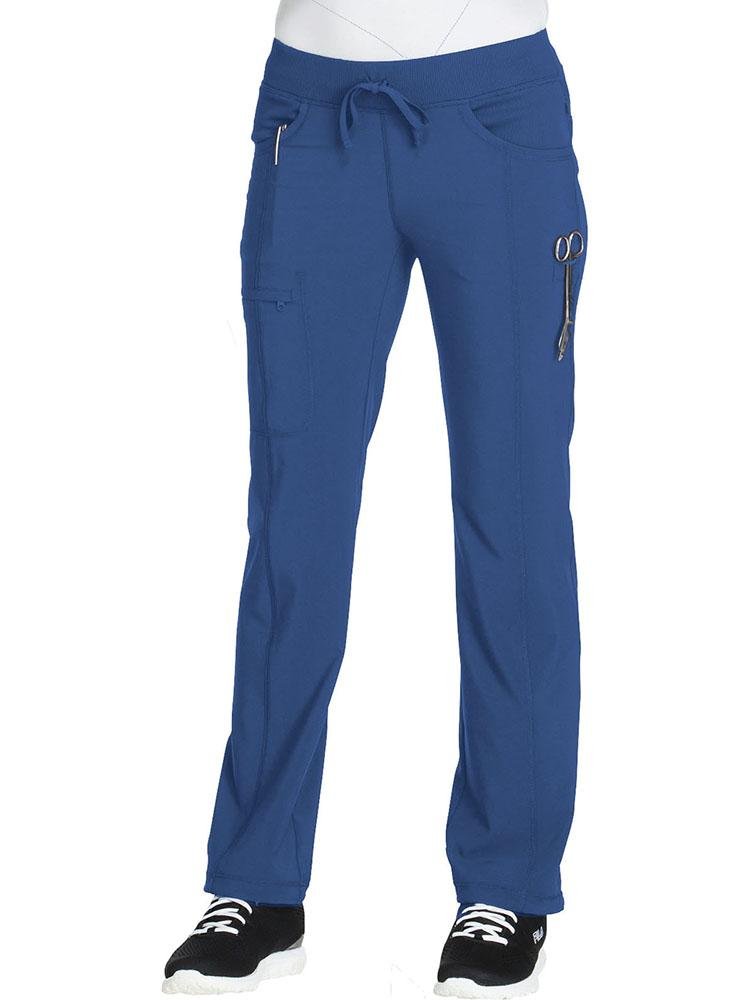 A female Clinical Lab Technician wearing a Cherokee Infinity Women's Low-Rise Straight Leg Scrub Pant in royal featuring Moisture-wicking fabric.