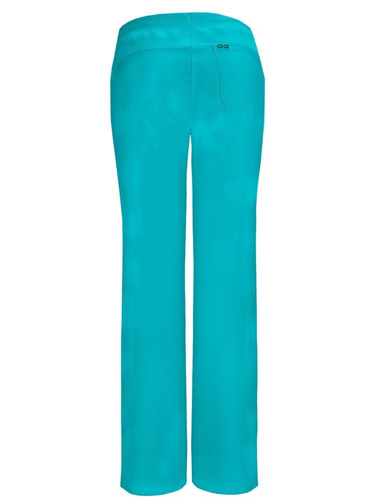 A backward facing image of the Cherokee Infinity Women's Low-Rise Straight Leg Scrub Pant in Teal size XS featuring an elastic knit waistband with a drawstring.