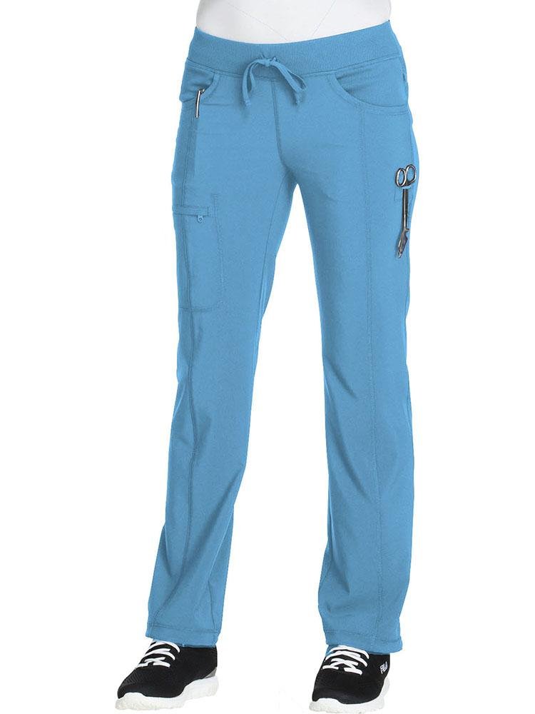 Cherokee Infinity Women's Low-Rise Straight Leg Scrub Pant in turquoise featuring an elastic knit waistband & drawstring