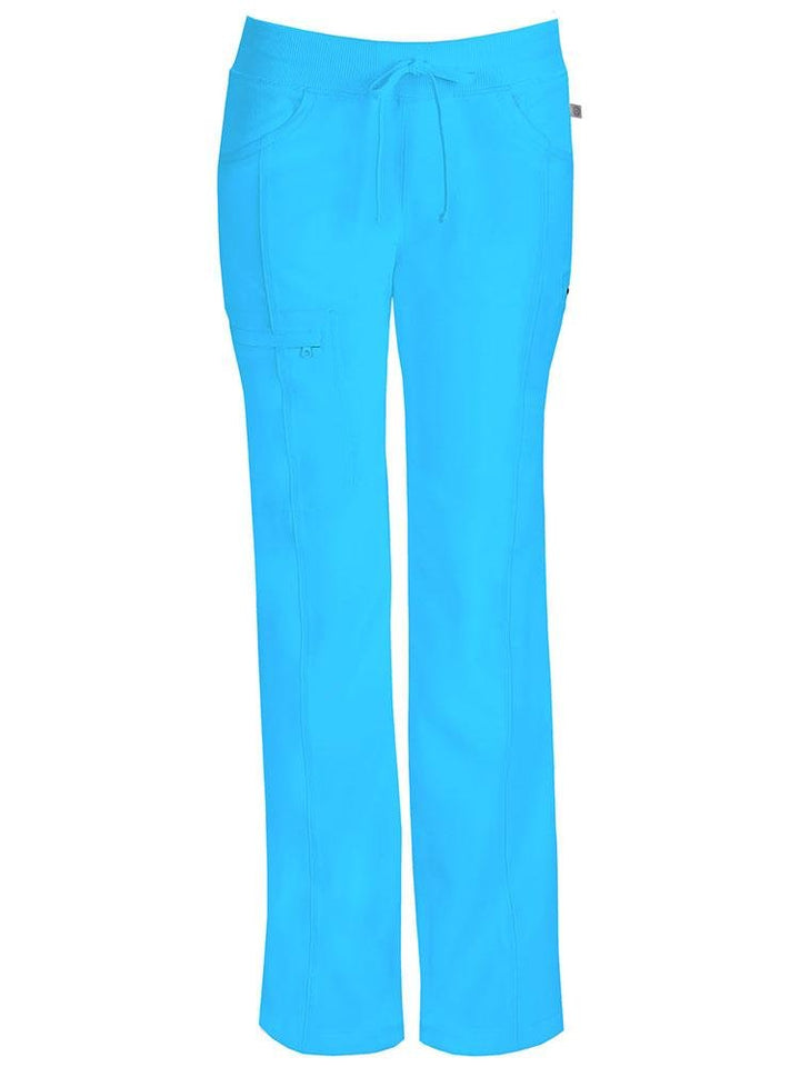 Cherokee Infinity Women's Low-Rise Straight Leg Scrub Pant in turquoise featuring rib knit front & back yokes